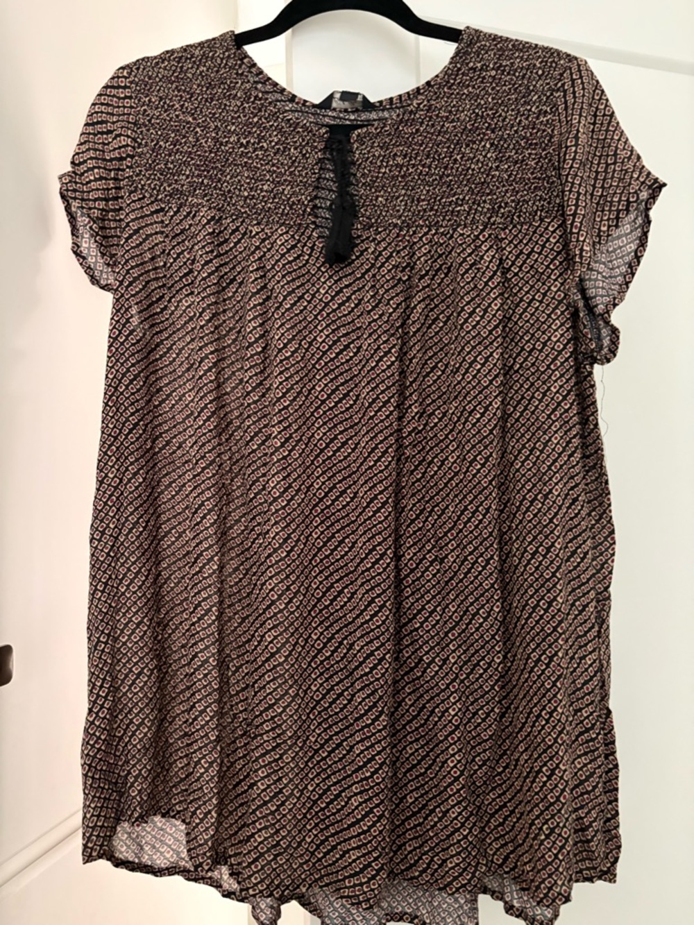 Lucky Brand Brown, Black and Burgundy Printed Short Sleeve Peasant Blouse